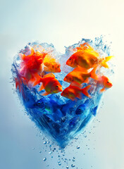 Poster - A heart made of golden fish swimming  and dynamic splash of water. World Oceans Day,Fish Migration day of Fisheries Day concept