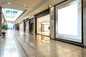 An empty billboard next to a glass storefront in a shopping mall