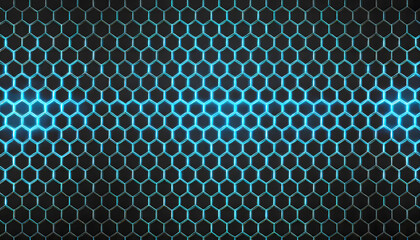 Sticker - black background with blue neon hexagon grid. glowing hex background. generative ai.