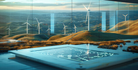 Aufkleber - Table with holographic wind farm site on hillside, ultra-transparent wind farm, glowing 3D objects, technology core. Generative AI.