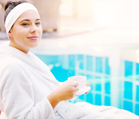 Sticker - Relax, spa and woman in robe at pool with coffee, smile and hotel vacation for self care. Thinking, terrace and happy girl at luxury resort for wellness, health and massage at villa on travel holiday