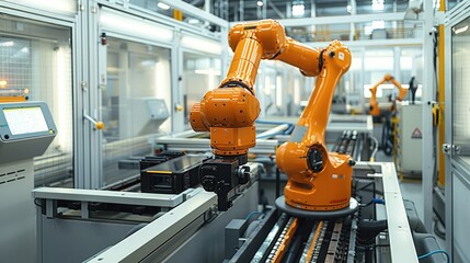 Aufkleber - Elevator factory robotic arm, industrial scene. Generative AI.
