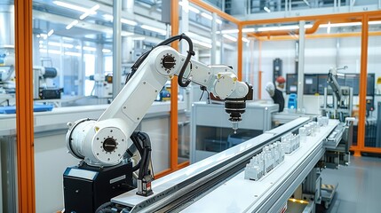 Aufkleber - Elevator factory robotic arm, industrial scene. Generative AI.
