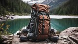 Fototapeta Londyn - hiking backpack and boots and gear equipment for mountain and forest woods nature outdoor activity camping.