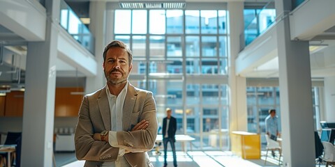 Canvas Print - Portrait of a business man, relaxed clothing style, standing in a bright open space office, high ceilings. Generative AI.