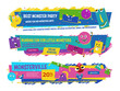 Kids entertainment monster party sale banner landing page design template set vector