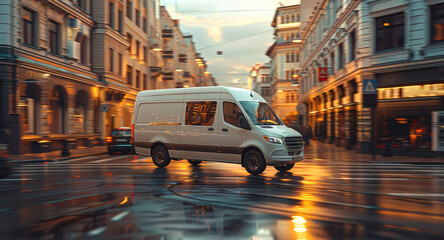 Wall Mural - White van delivery in the city. Generative AI.