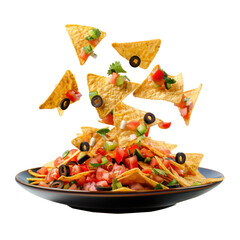 Wall Mural - floated Nachos food falling into a plate isolate on transparency background PNG