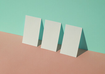 Poster - White blank business cards on a blue-pink pastel background. Creative minimal layout. Corporate identity