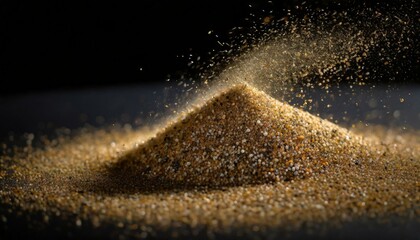 Wall Mural - isolated sand grains on a black background, arranged in a dynamic pattern to evoke movement and dept