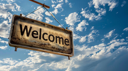 Welcome sign board hanging on the sky background