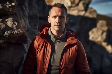 Wall Mural - Portrait of a jovial man in his 40s wearing a trendy bomber jacket while standing against rocky cliff background