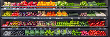 Fresh Vegetables In A Supermarket. Vegetable Farmer Market Counter Colorful Various Fresh Organic Healthy Vegetables At Grocery Store. Healthy Natural Food Concept. 
