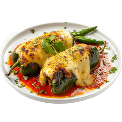 Chile Relleno de Queso with Mexican cheese-stuffed peppers, featuring roasted poblano peppers filled with melting cheese, dipped in egg batter, fried until golden, and isolated on white transparent ba