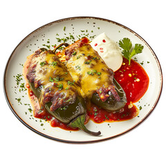 Chile Relleno de Queso with Mexican cheese-stuffed peppers, featuring roasted poblano peppers filled with melting cheese, dipped in egg batter, fried until golden, and isolated on white transparent ba