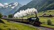 The orient express train moving at speed on the track on a sunny day with mountains in the background 1920, steam