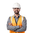 © Рика Тс - Builder portrait, man with crossed arms and smile, architect or engineer in the construction industry on a transparent background. Happy male contractor, layout and professional builder wearing white