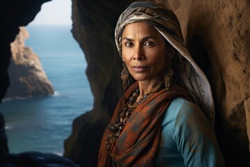 Canvas Print - Portrait of a glad indian woman in her 50s wearing a versatile buff isolated on spectacular sea cave background