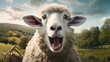 White sheep with smiley face in farm blurred background