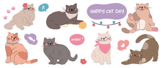 cute cats and funny kitten doodle element vector. happy international cat day characters design coll