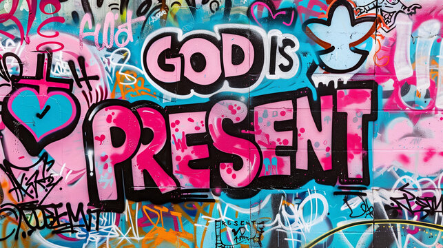 Street art graffiti wall positive bold quote GOD Is Present spray painted graf paint artist tag colorful backdrop cross city lord mural faith jesus christ religion church word background painting 