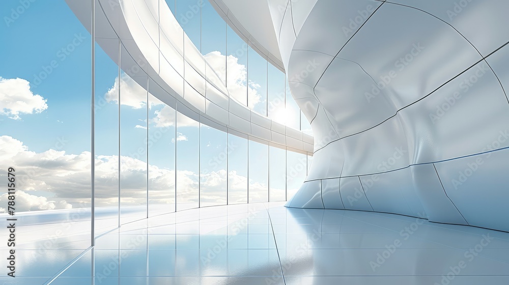 Modern minimalist architecture with white steel wall panels and curved ...