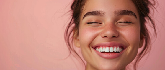 Beautiful laughing teenage girl face showing off her smooth white teeth that perfectly match her natural looking skin on an elegant soft pastel color background