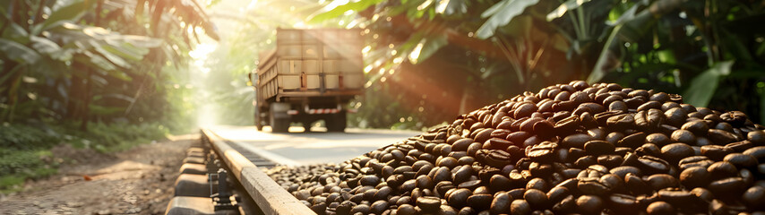 Wall Mural - Cargo truck carrying coffee beans in a plantation with sunset. Concept of food production, transportation, cargo and shipping.