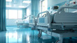 © Peopleimages - AI - Hospital, bed or healthcare with hygiene, empty or furniture interior with ergonomics or rehabilitation. Patient room, private facility or medical center with cancer ward or space with rehabilitation