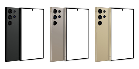 Wall Mural - Samsung Galaxy S24 Ultra in three luxury colors. New Release Android Smartphone mock up. Realistic vector mock up. Vector