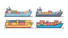 Set Of Four Colorful And Monochrome Cargo Ships Conta