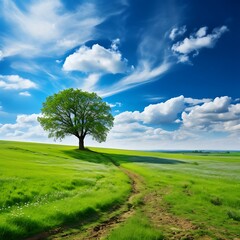 Green meadow and lonely tree on blue sky background