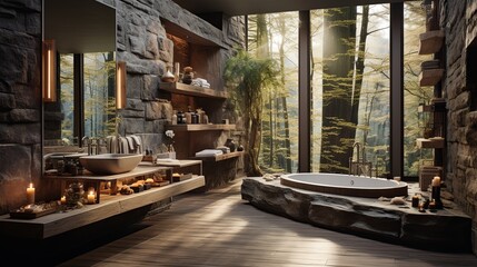 Leinwandbilder - diverse materials for decoration and construction: wood, stone, ceramics. Enhance the aesthetic appeal of the bathhouse interior with natural textures and rustic charm, Generative AI.