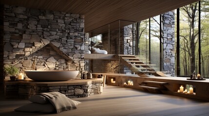 Leinwandbilder - diverse materials for decoration and construction: wood, stone, ceramics. Enhance the aesthetic appeal of the bathhouse interior with natural textures and rustic charm, Generative AI.