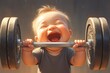 A cute baby lifting weights, mouth open in a smile, screaming with joy and energy against a dark gym background 