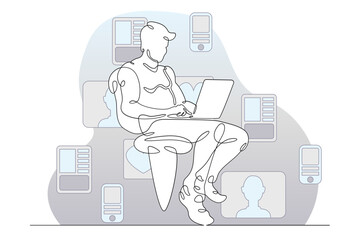 One continuous line.A young man with a laptop in his hands. A man is sitting with a computer. Work on the Internet. Communication in social networks.Continuous art line drawing isolated white backgrou