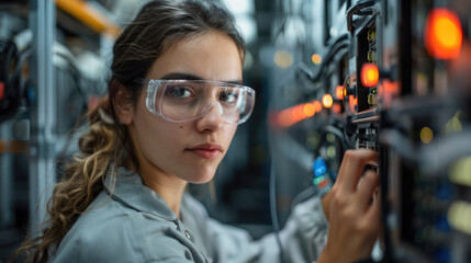 Poster - Portrait of woman technician immersed in their work in a server room, donning protective workwear while setting up a network. Generative AI.