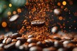 This image features a single coffee bean dramatically suspended with rising dust particles enhancing its texture