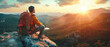 Back view traveler with hiking backpack standing and admiring beautiful landscape view from mountain peak with cloudy sunny weather and mountains in the distance created with Generative AI Technology