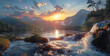 Lake flowing through valley. Sunset Sky. Small Waterfall. Generative AI.
