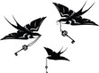 flying swallow bird outlines holding antique style skeleton key on chain - fairy tale animal black and white vector design set