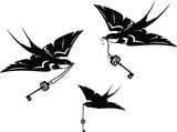 Fototapeta  - flying swallow bird outlines holding antique style skeleton key on chain - fairy tale animal black and white vector design set