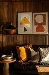 Dark room interior with two vertical posters in black frames on a wooden shelf, a black floor lamp, wooden tables near a black leather sofa with colorful pillows, and wooden wall panels.