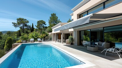 Poster - A big pool in summer from a terrace, the terrace is kept in the shade by a modern awning. Generative AI.