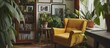 An apartment corner featuring photographs, a side table, greenery, wooden elements, and a yellow armchair