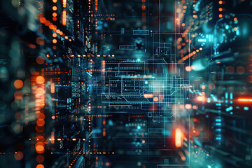 Wall Mural - close up image of a futuristic cybernetic background with an intense network of lights and connectio