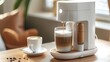 A coffee maker with a cup of hot liquid on the table, AI