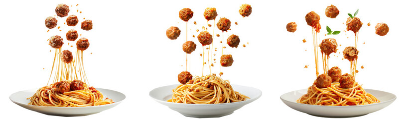 Wall Mural - floated Spaghetti pasta with meatballs falling into a plate isolate on transparency background PNG