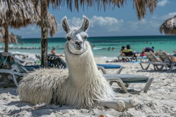 Canvas Print - A llama laying on the beach under a palm tree, AI