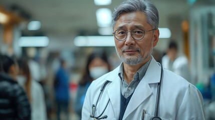 Wall Mural - Chinese or Japanese doctor with stethoscope - medicine and healthcare concept. Portrait of an Asian doctor